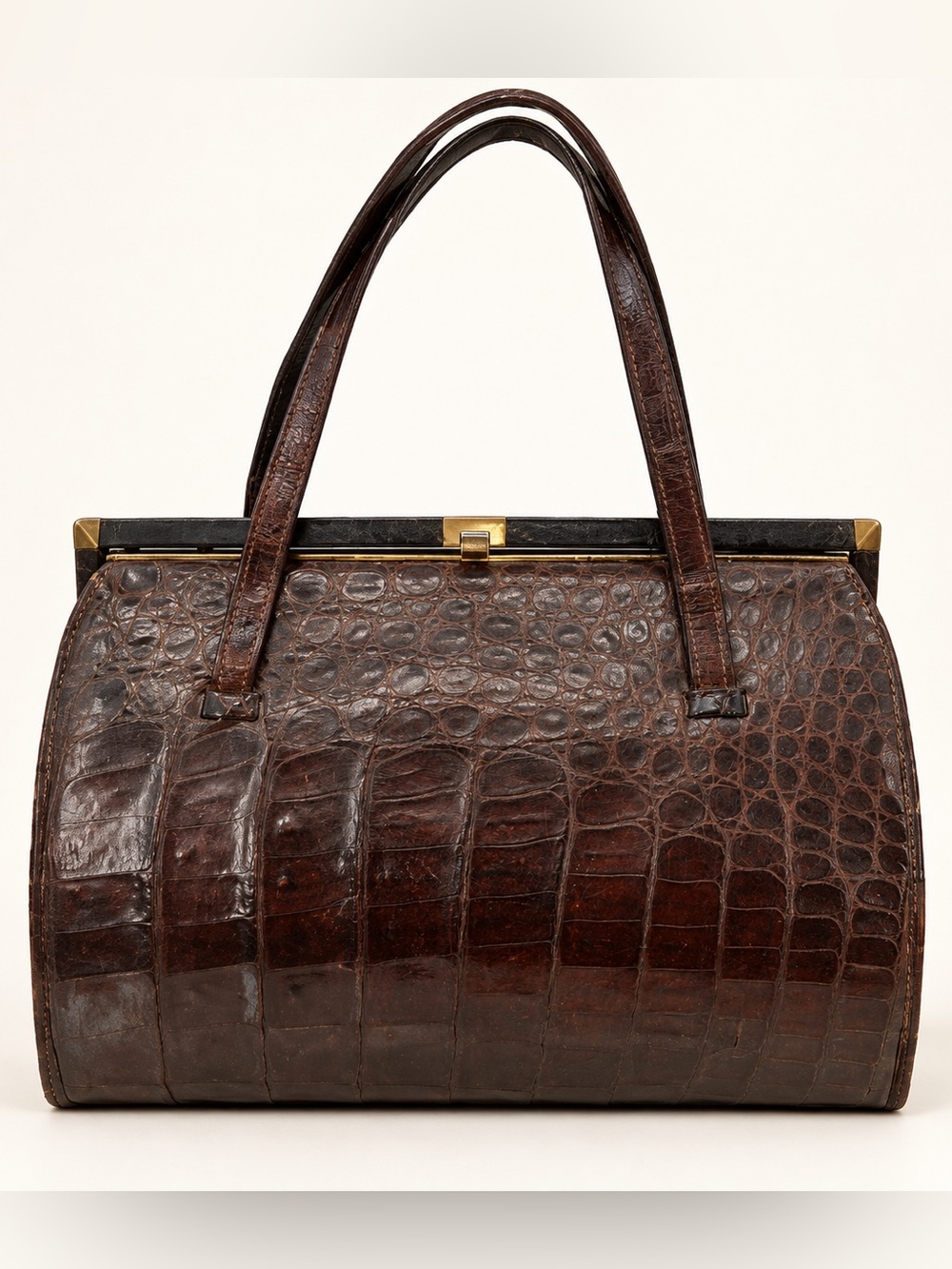 Vintage Genuine Alligator Brown Frame Top Handle Handbag Quiet Luxury Purse